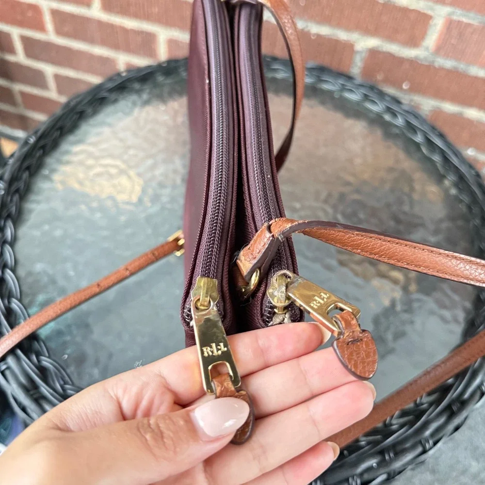 Lauren Ralph Lauren Burgundy Nylon Double Zip Crossbody Bag Burgundy Brown